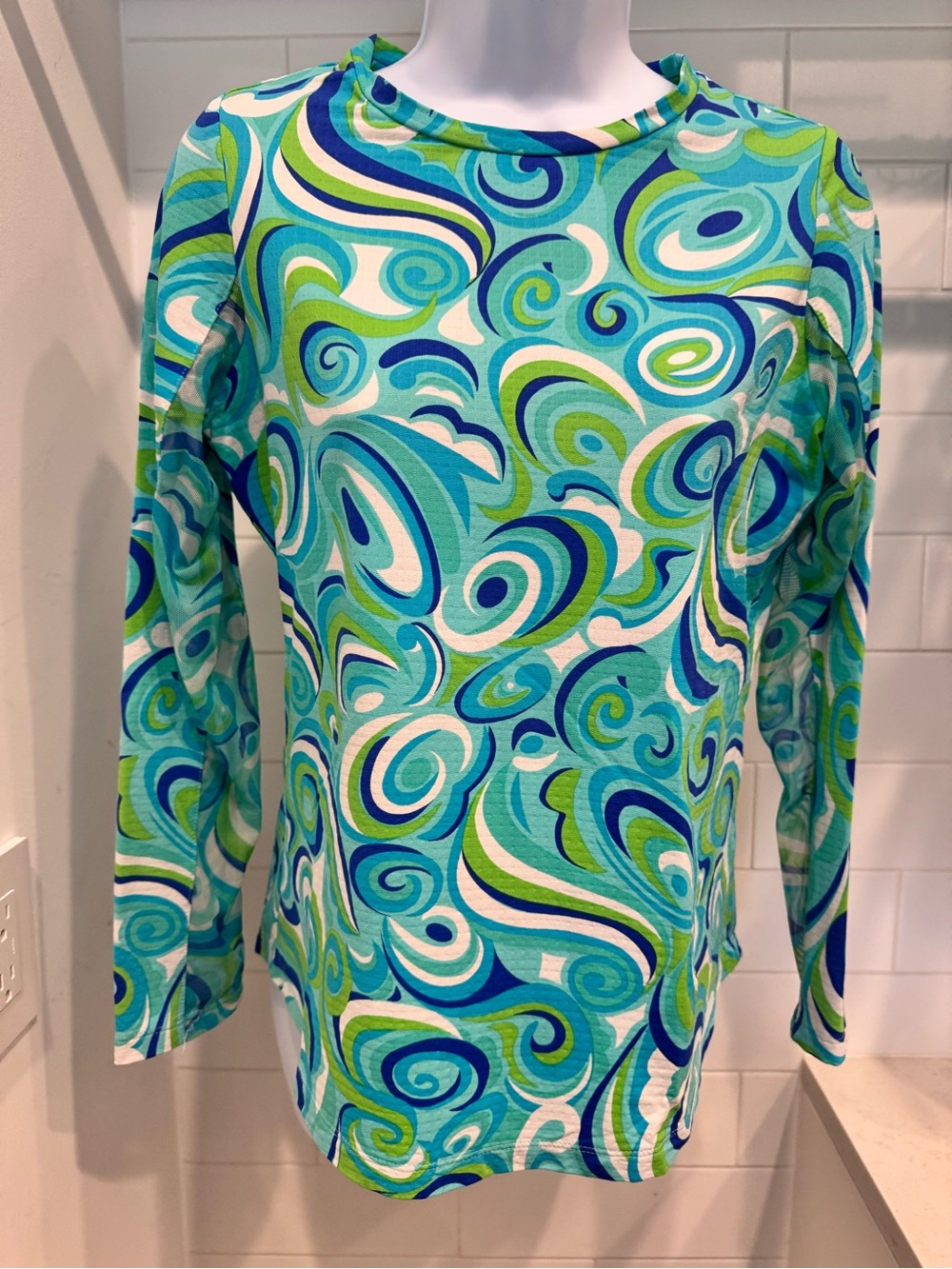IBKUL Swirl Print Long Sleeve Top in Aqua, Teal & Lime